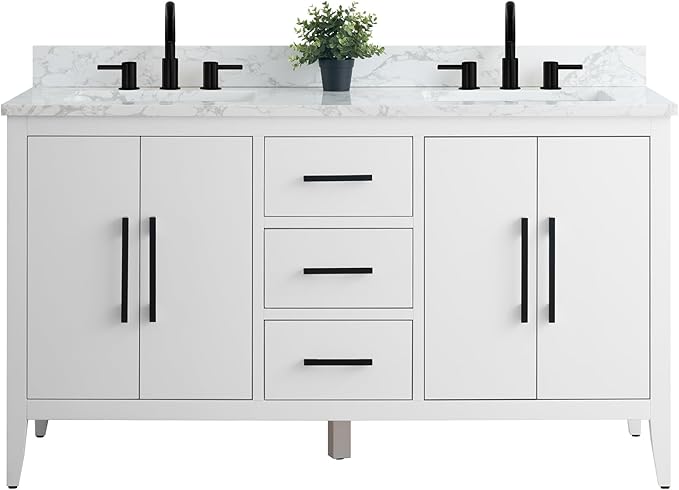 Vanity Art 60 inch Bathroom Vanity with Double Sink & Ceramic Top, Vanity Cabinet with Soft-Closing Doors, Drawers, Solid Wood Frame, White, VA9060-DW-MB1