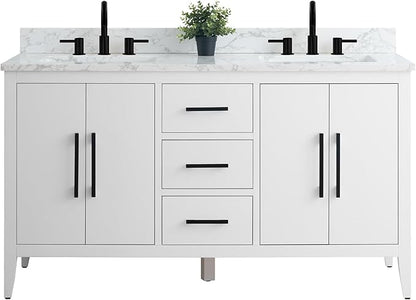 Vanity Art 60 inch Bathroom Vanity with Double Sink & Ceramic Top, Vanity Cabinet with Soft-Closing Doors, Drawers, Solid Wood Frame, White, VA9060-DW-MB1
