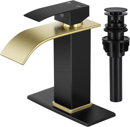 Bathroom Faucets Black and Gold Waterfall Bathroom Sink Faucet | with Pop-up Drain Supply Hoses and Deck,Single Handle Vanity Faucet,Stainless Steel,1 or 3 Hole,RV,Farmhouse Bathrooms