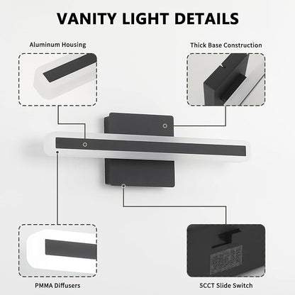 JUSHENG Black Vanity Lights for Bathroom, 5CCT Dimmable Bathroom Light Fixtures Over Mirror, Modern LED Vanity Light Bar Above Mirror 16'' Inch 16W