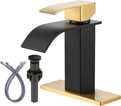 Black and Gold Bathroom Faucet, ARCORA Waterfall Faucet for Bathroom Sink Single Handle Mixer Tap Lavatory Vanity Faucet with Deck Plate and Pop Up Drain, 1 or 3 Hole