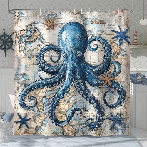 Octopus Shower Curtain for Bathroom, Funny Ocean Vintage Nautical Shower Curtains, Coastal Map Waterproof Fabric Shower Curtain Set with 12 Hooks, Retro 72 x 72 Inch