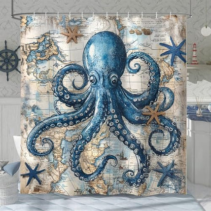 Octopus Shower Curtain for Bathroom, Funny Ocean Vintage Nautical Shower Curtains, Coastal Map Waterproof Fabric Shower Curtain Set with 12 Hooks, Retro 72 x 72 Inch