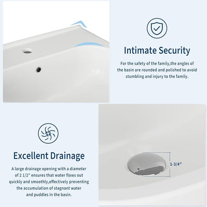 22" x 17" Pedestal Sink – White Ceramic Rectangular Bathroom Vanity with Overflow, Bathroom Pedestal Sink with 1 Faucet Hole
