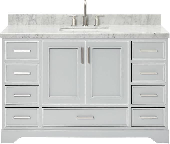 DKB Langford 54-inch Grey Bathroom Vanity with Center Rectangle Single Sink, Italian Carrara Marble Countertop & Backsplash, Solid Wood Frame, Soft-Closing & Dovetail Drawers