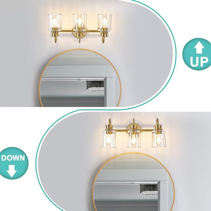 3 Lights Bathroom Light Fixtures Modern Gold Vanity Lights | ETL Certificate, Easy to Install,Wall Mount Up or Down,Thickened Glass Lampshade,E26 Socket,Hardwired