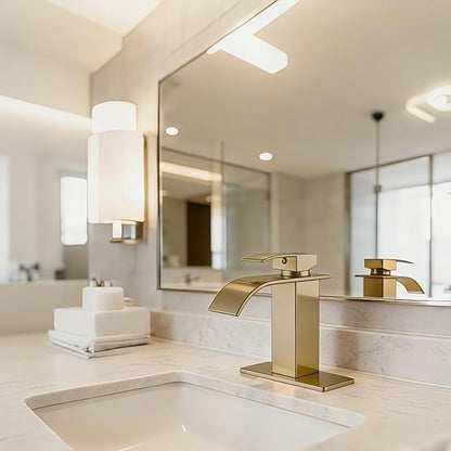Wicbim Brushed Gold Bathroom Faucet,Modern Waterfall Black Bathroom Faucet,Single Handle Suitable for 1 or 3 Holes,Supply Deck Plate and Hose