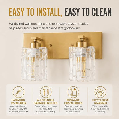 Brushed Gold Crystal Bathroom Vanity Light,2 Lights Modern Bathroom Wall Light,Over Mirror Light Fixtures for Living Room, Bedroom, Hallway