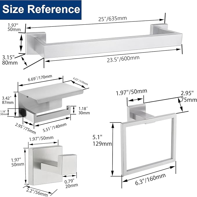 5 Pieces Bathroom Hardware Accessories Set Brushed Nickel, 24Inch Square Towel Racks Set for Bathroom, SUS304 Stainless Steel Towel Bar Set,Toilet Paper Holder with Shelf Wall Mounted