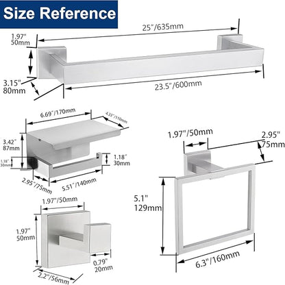 5 Pieces Bathroom Hardware Accessories Set Brushed Nickel, 24Inch Square Towel Racks Set for Bathroom, SUS304 Stainless Steel Towel Bar Set,Toilet Paper Holder with Shelf Wall Mounted