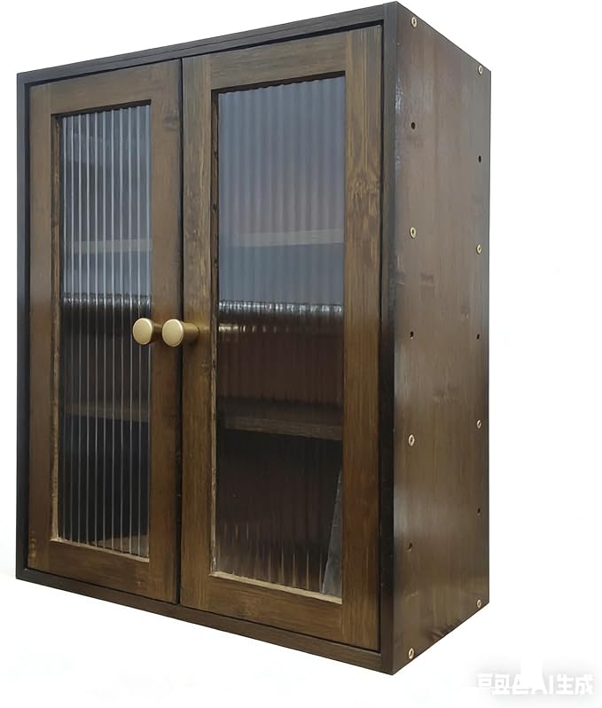 Brown Bamboo Countertop Cabinet Ribbed Glass Doors Adjustable Inner Shelves | 14.6"W×6.7"D×18.1"H magnetic double door cabinet,removable partition,for perfume essential oil kitchen pantry display storage