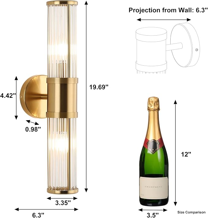 Modern Brushed Brass Vanity Light Fixture 1 Pack, Dual Glass Rods Wall Sconce for Bathroom, Double Light Socket E12 Candelabra Base, Mirror Vanity Lighting (Bulbs Not Included)