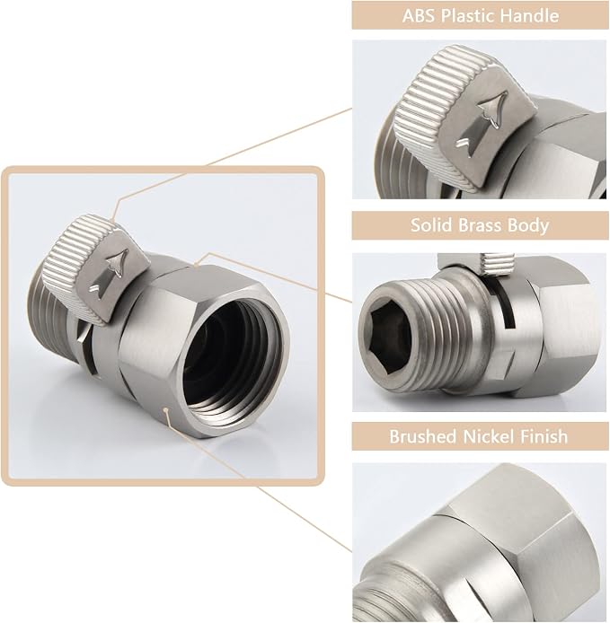 APLusee Shower Head Flow Restrictor for Bathroom Shower, Brushed Nickel | Solid brass, G 1/2 Male and Female Thread, Adjustable Shower Head Shut Off Valve for Control Water Flow