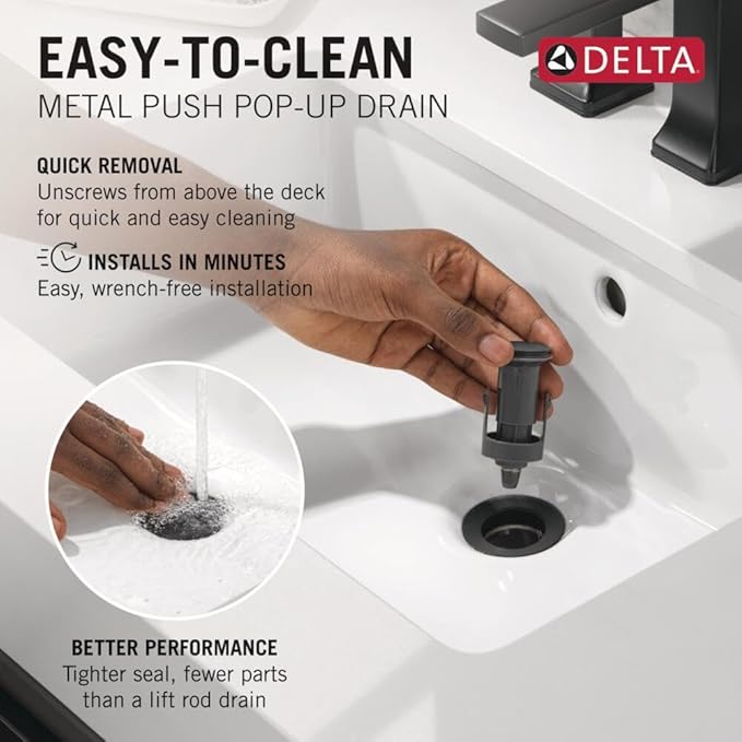 Delta Velum Matte Black Bathroom Faucet 3 Hole, 8 Inch Widespread Bathroom Sink Faucet for Vanity, Metal Push-Pop Drain Assembly, Matte Black 3539LF-BLMPU