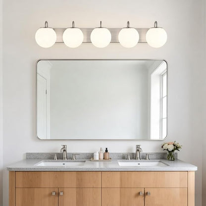 5 Lights Vintage Bathroom Vanity Light Fixtures Over Mirror, Brushed Nickel Vanity Lights For Bathroom With Milk White Glass Globe Shade, Wall Lights For Bedroom, Hallway, Dressing Table(G9 Incl.)