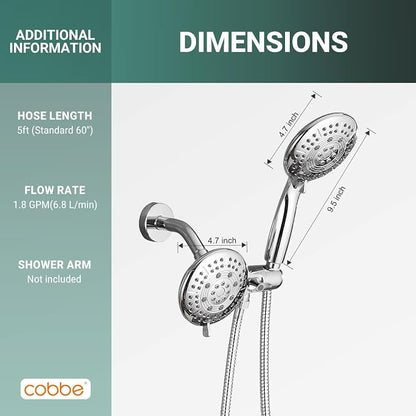 Cobbe® Dual Shower Head Combo, Handheld & Fixed, Chrome | Two Full-Size Shower Heads, 59'' Stainless Steel Hose, Water Saving with 3-Way Water Diverter, Tool-Free Installation