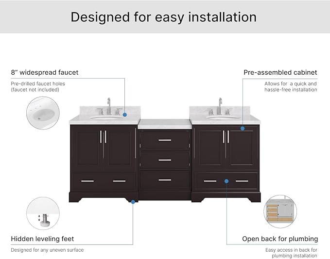 ARIEL Stafford 84-inch Bathroom Vanity with Sink,Solid Wood, 1.5in Italian Carrara Marble Countertop & Backsplash, Double Oval Porcelain Sink, 4 Soft Closing Doors, 5 Dovetail Drawers, Espresso