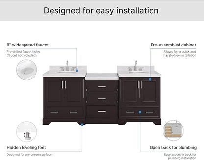 ARIEL Stafford 84-inch Bathroom Vanity with Sink,Solid Wood, 1.5in Italian Carrara Marble Countertop & Backsplash, Double Oval Porcelain Sink, 4 Soft Closing Doors, 5 Dovetail Drawers, Espresso