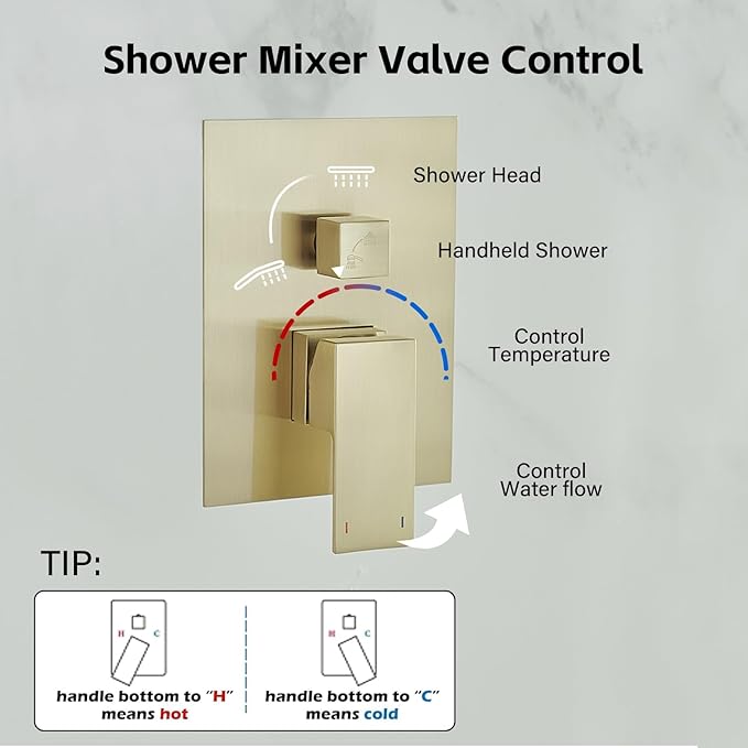 BWE Shower Faucet Brushed Gold 12 Inch Square Bathroom Luxury Rain Mixer Shower Combo Set 2-Functions Wall Mounted Rainfall Shower Head System Rough-in Valve Body and Trim Included