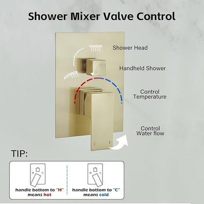 BWE Shower Faucet Brushed Gold 12 Inch Square Bathroom Luxury Rain Mixer Shower Combo Set 2-Functions Wall Mounted Rainfall Shower Head System Rough-in Valve Body and Trim Included