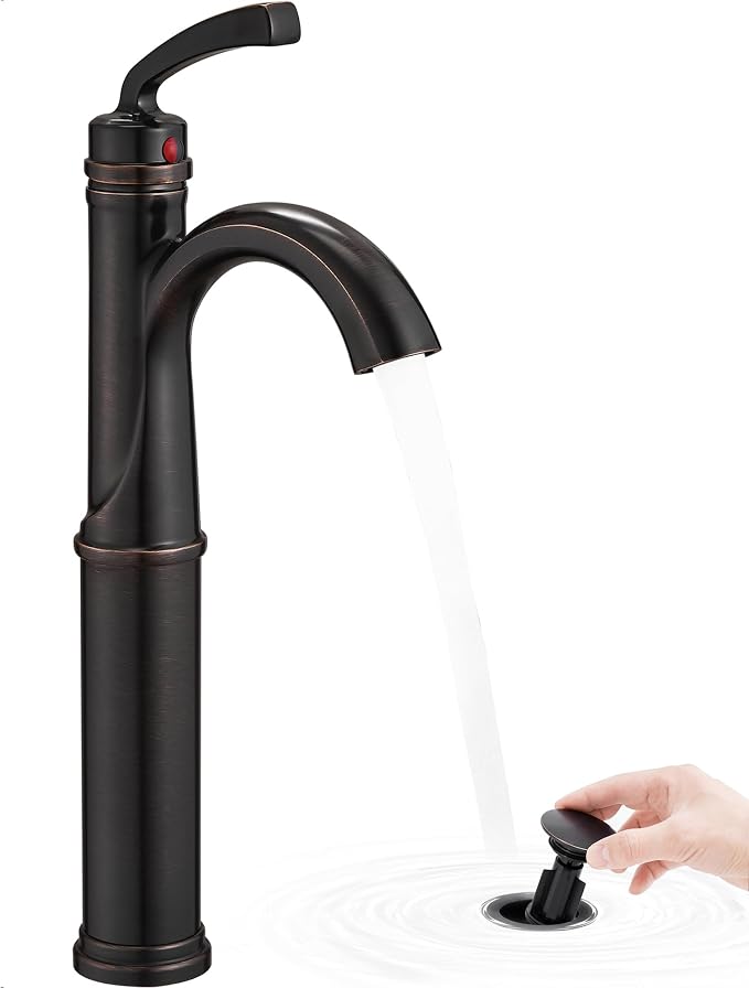 Brass Vessel Sink Faucet Oil Rubbed Bronze, 12.6 Inch Tall Bathroom Faucet 1 Hole, Single Handle with Pop Up Drain, cUPC Supply Line and Aerator for Farmhouse, Countertop Basin, 5 Mins Install