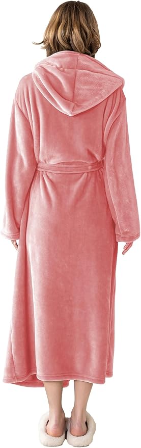 Robes for Women - Hooded Plush Fleece Bathrobe with Sash & Pockets, Full-Length Lightweight Spa Robe