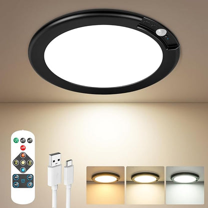 Rechargeable Motion Sensor Ceiling Light, Battery Operated Closet Light | Wireless Battery Powered LED Shower Light, Magnetic Cordless Ceiling Light with Remote, Overhead Lamp for Pantry Shed, Black