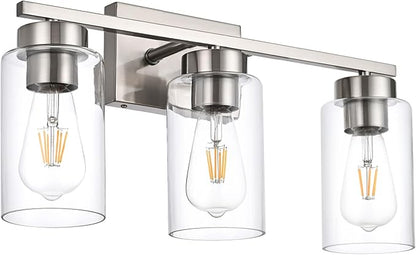 3-Light Bathroom Vanity Light, Modern Brushed Nickel Wall Lights with Clear Glass Shades, Bathroom Wall Sconce Lamp for Mirror Living Room Bedroom Hallway