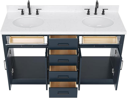 ARIEL Hepburn 60-inch Bathroom Vanity with Sink,Solid Wood, 1.5-inch Carrara White Quartz Countertop, Double Oval Porcelain Sink, 4 Soft Closing Doors, 6 Dovetail Drawers, Midnight Blue