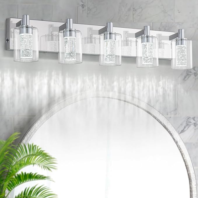 SineRise Vanity Light with 3 Color Modes (3000K/4000K/6000K), Eye Protection LED Bathroom Light Fixture, Dimmable Modern Wall Light Over Mirror with Clear Glass Shade (Chrome, 5-Light)
