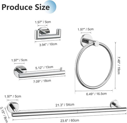 5-Piece Towel Bar Set Polished Chrome Bathroom Hardware Set Upgraded Towel Hooks Towel Racks Set for Bathroom Stainless Steel Wall Mounted Towel Holder Set 23.6 Inch