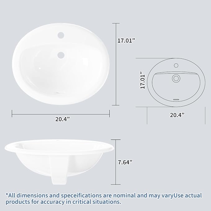 Vessel Sink 20.24x17.01 Inch, Ceramic Semi-Recessed Bathroom Sink, Round White Vessel Sink with Single Faucet Hole, Above Counter Vanity Basin