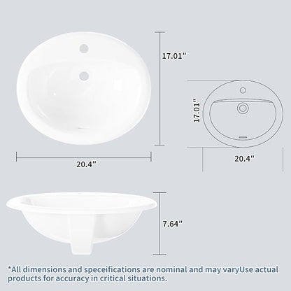 Bathroom Vessel Sink Semi-Recessed Round Ceramic Basin 20.24×17.01×7.64 inch, Single Faucet Hole Countertop Sink for Modern Vanity, Small Bathroom Upgrade and Home Renovation Projects