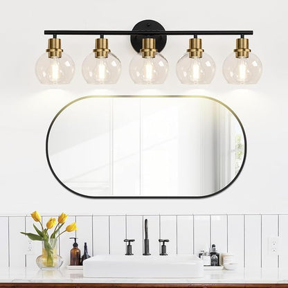 5-Light Bathroom Vanity Light, Black and Gold Bathroom Light Fixtures with Clear Glass Globe Shades, Modern Vanity Lighting Over Mirror for Bathroom, Kitchen, Living Room, Hallway, Bedroom, Porch