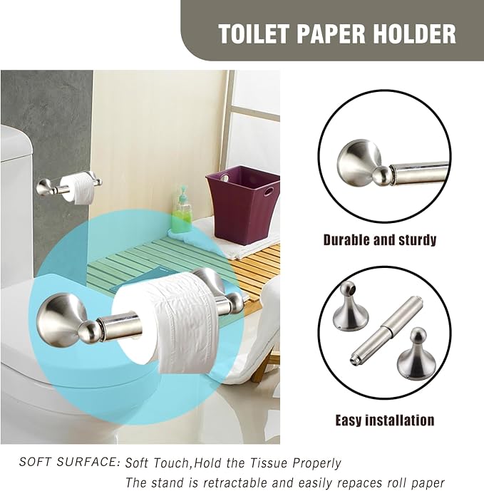 Classic Bathroom Hardware 4-piece Set, Brushed Nickel | Wall Mounted,Stainless Steel and Zinc material,Including Towel Bar,Towel Ring,Toilet Paper Holder,Robe Hook