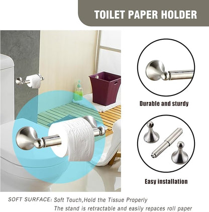 Classic Bathroom Hardware 4-piece Set, Brushed Nickel | Wall Mounted,Stainless Steel and Zinc material,Including Towel Bar,Towel Ring,Toilet Paper Holder,Robe Hook