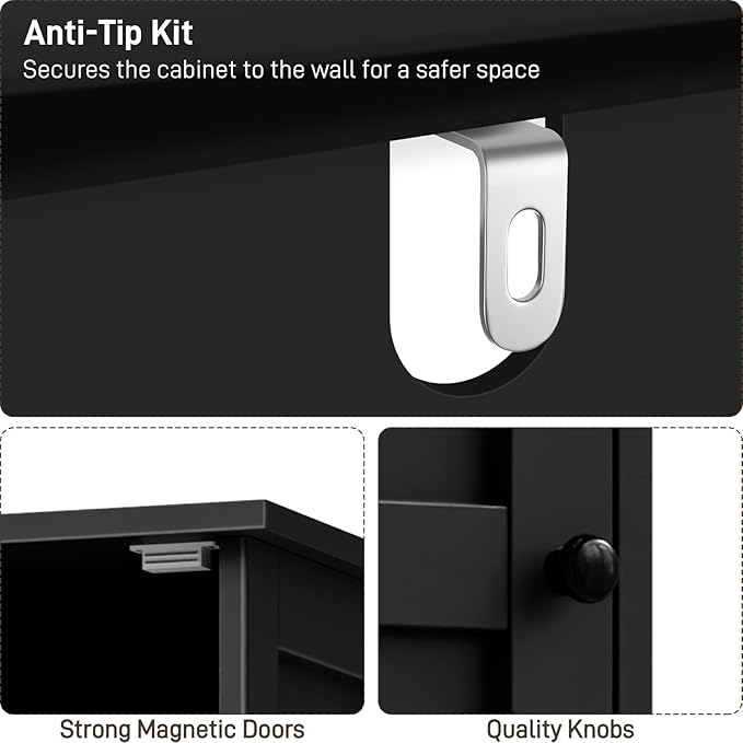 Vabches Tall Bathroom Cabinet, Slim Bathroom Storage Cabinet with Adjustable Shelves and 2 Doors, Narrow Floor Storage Cabinet for Bathrooms, Kitchen, Living Room, Black