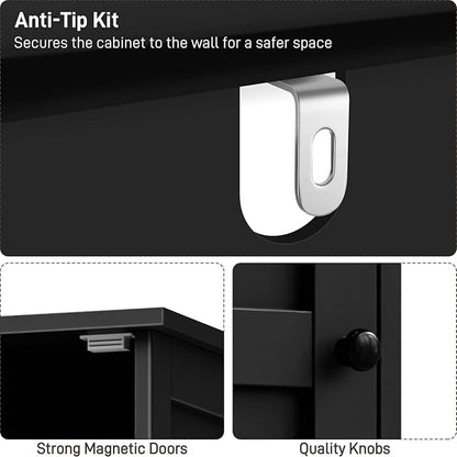 Vabches Tall Bathroom Cabinet, Slim Bathroom Storage Cabinet with Adjustable Shelves and 2 Doors, Narrow Floor Storage Cabinet for Bathrooms, Kitchen, Living Room, Black