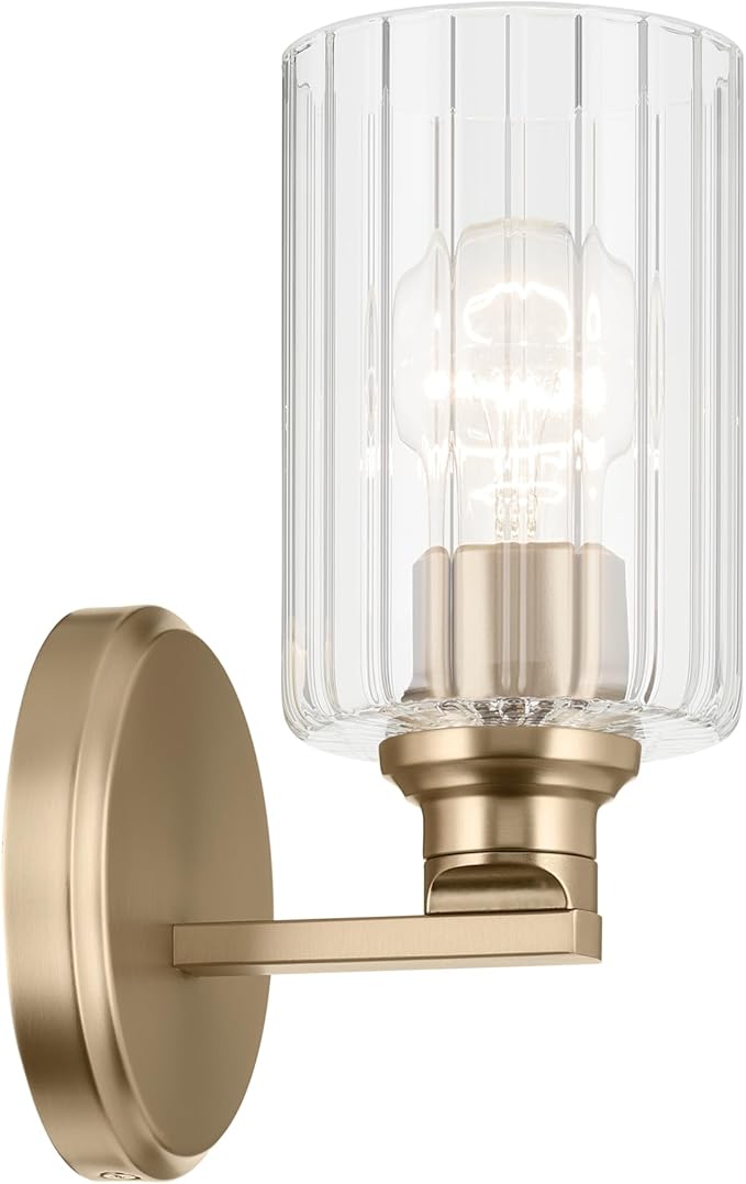 Kichler Gioe 5" 1-Light Wall Sconce with Clear Fluted Glass in Champagne Bronze, Damp Rated, for Powder Room, Kitchen, Hallway, Bedroom, Fireplace, (5" W x 9.5" H), 55224CPZFLU