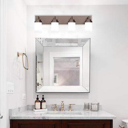 Bathroom Light Fixtures, Oil Rubbed Bronze Bathroom Lighting Fixtures Over Mirror, Modern Vanity Light with White Glass Shade, Restroom Lighting Fixtures, 4-Light 30-inch