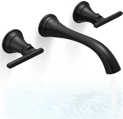 Brass Tub Filler Wall Mount 3 Hole, Farmhouse Black Tub Faucet, High Pressure 2 Handle Matte Black Bathtub Faucet Set with Long Spout Reach, Rough-in Valve