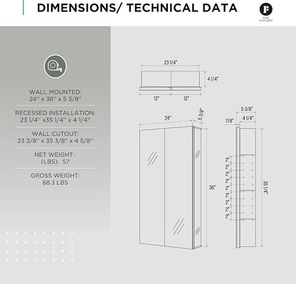 Bathroom Medicine Cabinet, Aluminum, Recessed/Surface Mount, 24" x 36", Right/Left Hinged, Mirrored Interior