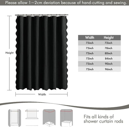 MIULEE 72"x96" Extra Long Scalloped Linen Shower Curtain Black | Linen Textured, Waterproof, Washable, 12 Metal Hooks, Heavy Duty Cloth, Black Border, Shower Curtain for Bathroom Bathtub
