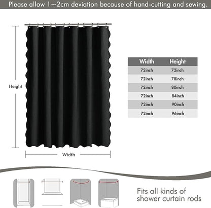 MIULEE 72"x96" Extra Long Scalloped Linen Shower Curtain Black | Linen Textured, Waterproof, Washable, 12 Metal Hooks, Heavy Duty Cloth, Black Border, Shower Curtain for Bathroom Bathtub
