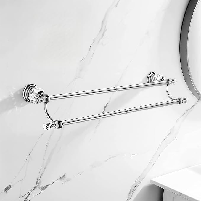 Double Chrome Crystal Towel Holder Adjustable Gold Towel Bar 14 to 25 Inch, Towel Rack Rail for Bathroom Wall Mounted