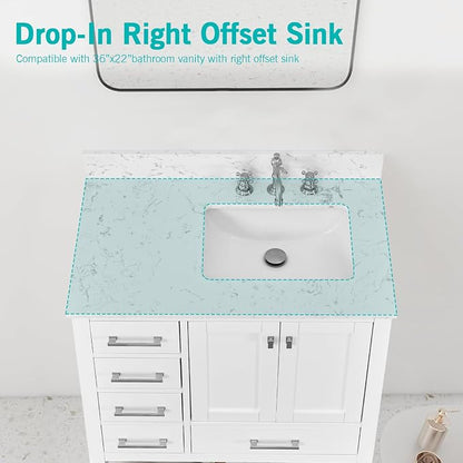 36"x22" Engineered Stone Bathroom Vanity Top with Rectangular Undermount Ceramic Right Offset Sink, 8 Inch Faucet Hole Spread with Backsplash Bathroom Vanity Sink Top (Cabinet Not Included)