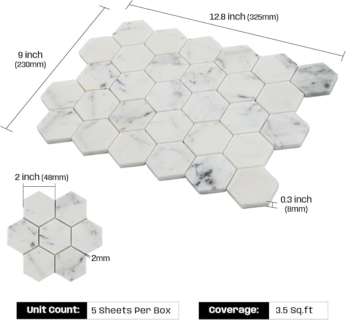 2 Inch Hexagon White Marble Mosaic Tile for Wall Floor, 5 Sheets | Water & Heat Resistant Honed Marble Backsplash Tiles for Kitchen Bathroom Fireplace Surround Durable Unique Veins 3.5SQFT
