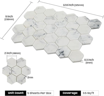 2 Inch Hexagon White Marble Mosaic Tile for Wall Floor, 5 Sheets | Water & Heat Resistant Honed Marble Backsplash Tiles for Kitchen Bathroom Fireplace Surround Durable Unique Veins 3.5SQFT