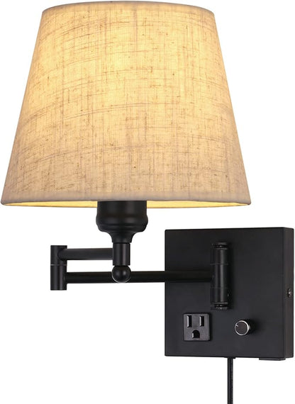 Bedside Wall Mount Light with Dimmable Switch and Outlet, Swing Arm Fabric Shade Wall Sconce Light with USB Port and Plug in Cord, Black Wall Lamp for Bedroom, Living Room and Hotel