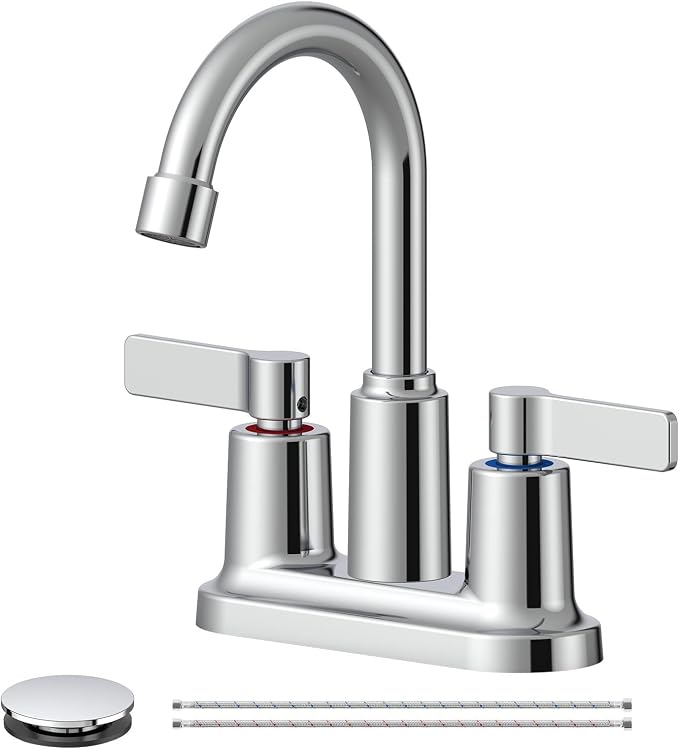 Chrome Bathroom Sink Faucet 3 Hole 4 Inch Centerset Bathroom Faucets | Faucet for Bathroom Sink with Pop Up Drain and 2 Supply Hoses 2 Handle Bathroom Faucet for Sink Vanity RV Evolvegoods